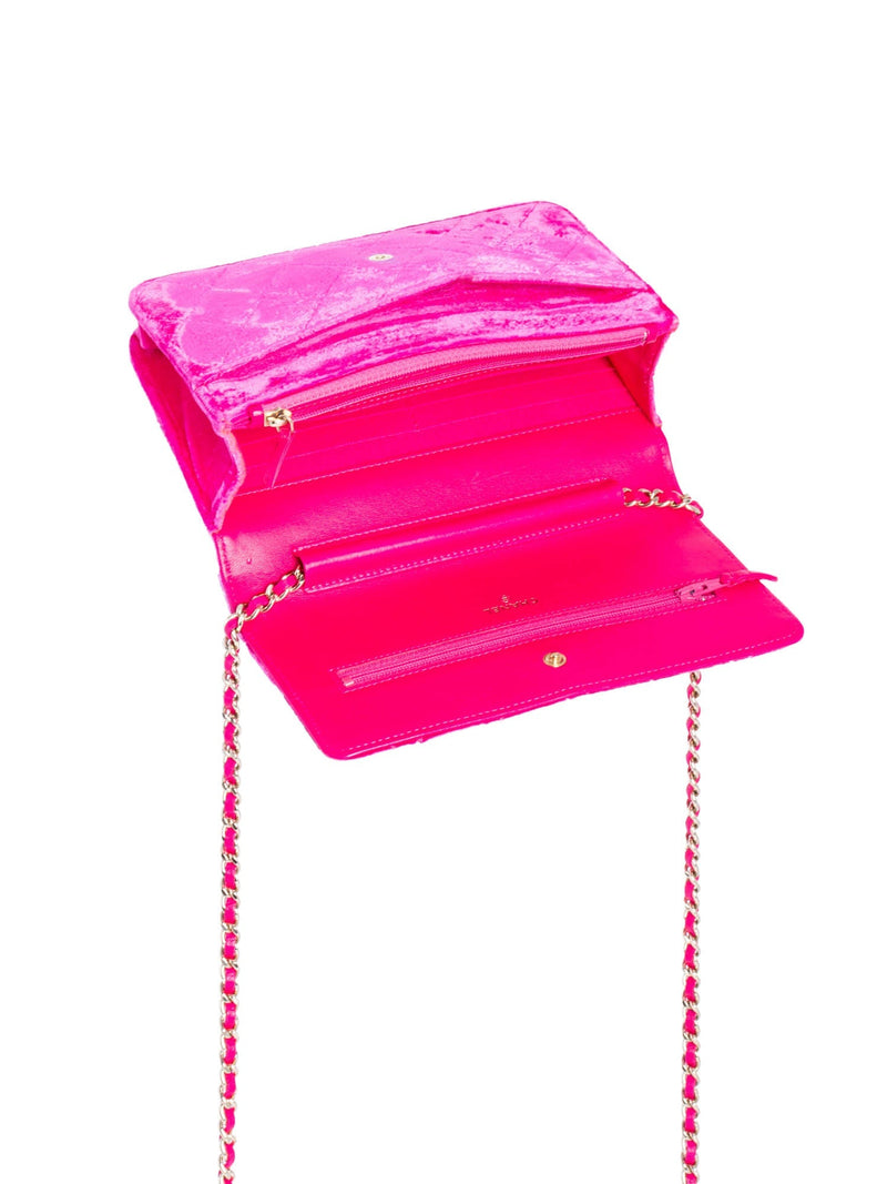 CHANEL CC Logo Quilted Velvet Messenger Wallet on Chain Hot Pink-designer resale