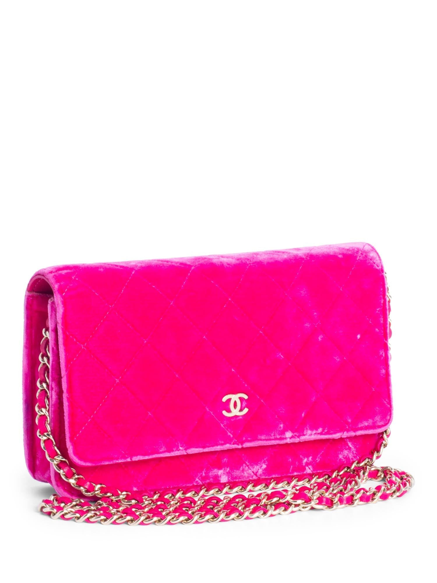 CHANEL CC Logo Quilted Velvet Messenger Wallet on Chain Hot Pink-designer resale