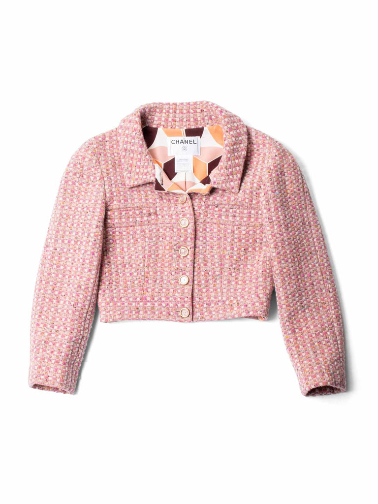 CHANEL CC Logo Tweed Cropped Jacket Skirt Suit Blush Pink-designer resale