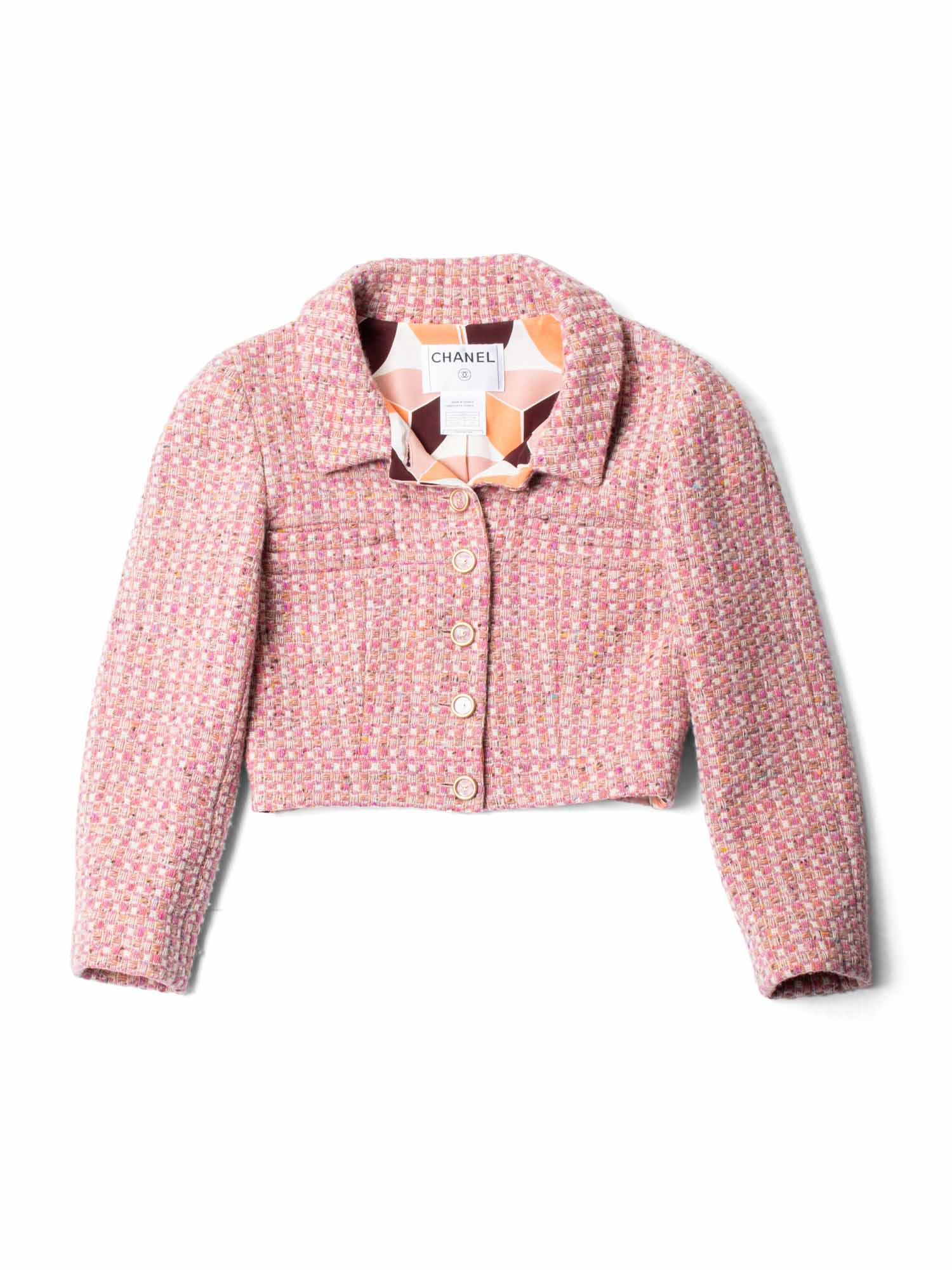 CHANEL CC Logo Tweed Cropped Jacket Skirt Suit Blush Pink