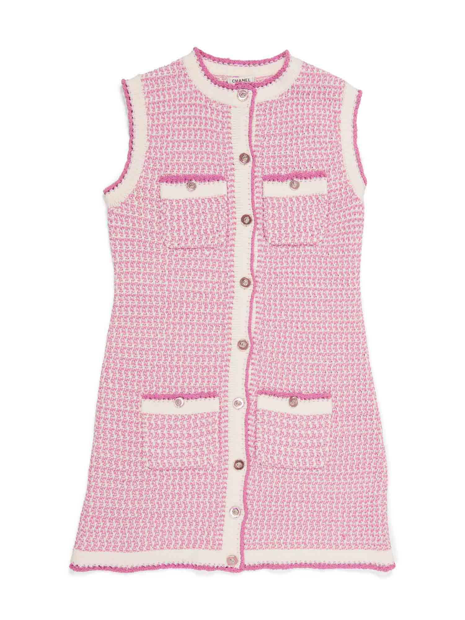 CHANEL CC Logo Tweed Fringe Mini Dress Pink White