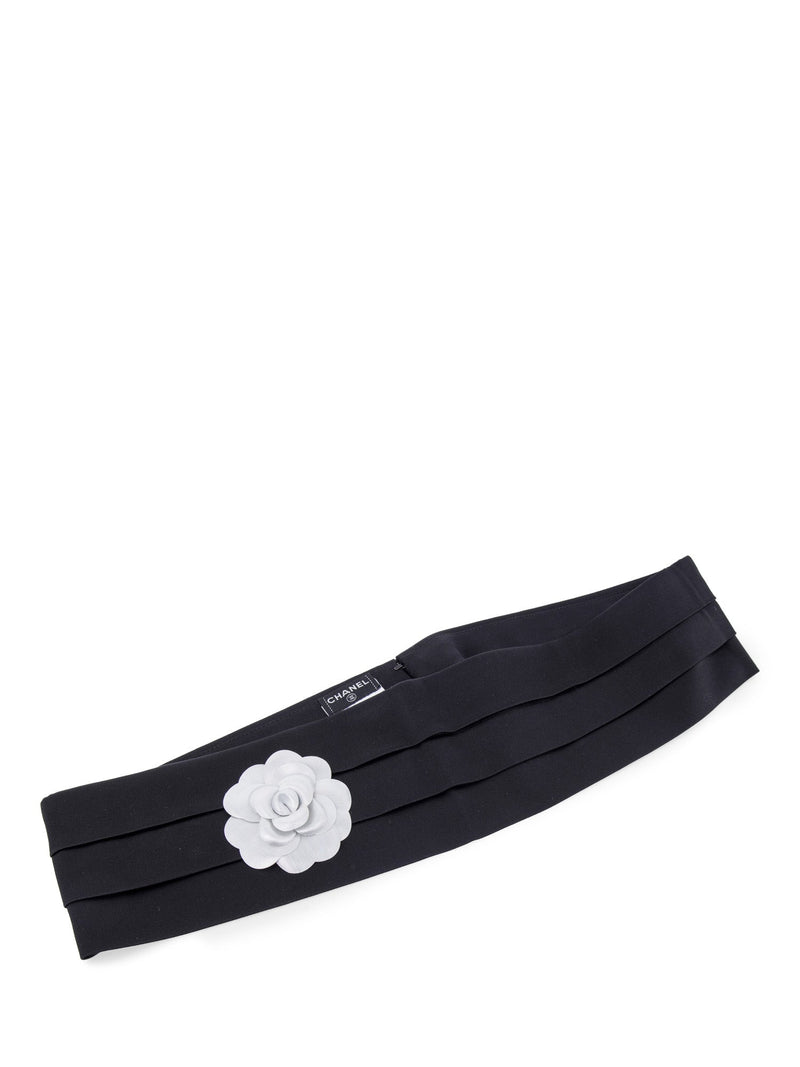 CHANEL Camelia Pleated Satin Silk Belt Black-designer resale