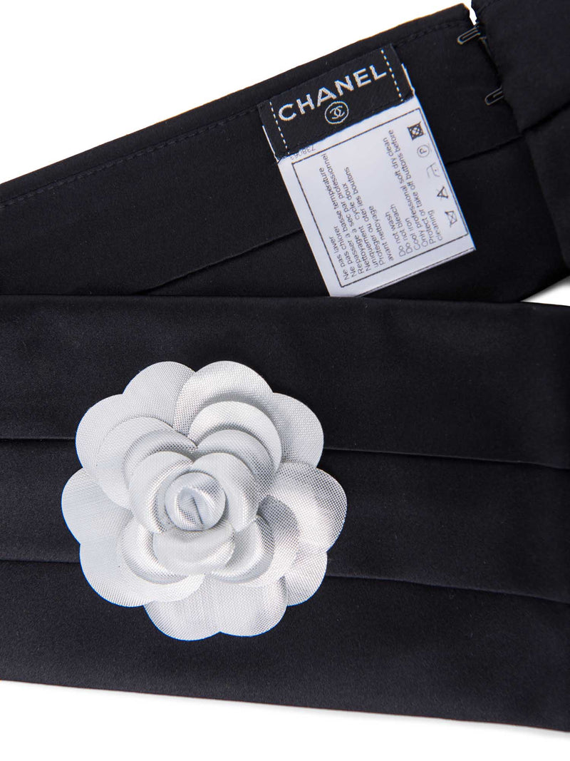 CHANEL Camelia Pleated Satin Silk Belt Black-designer resale