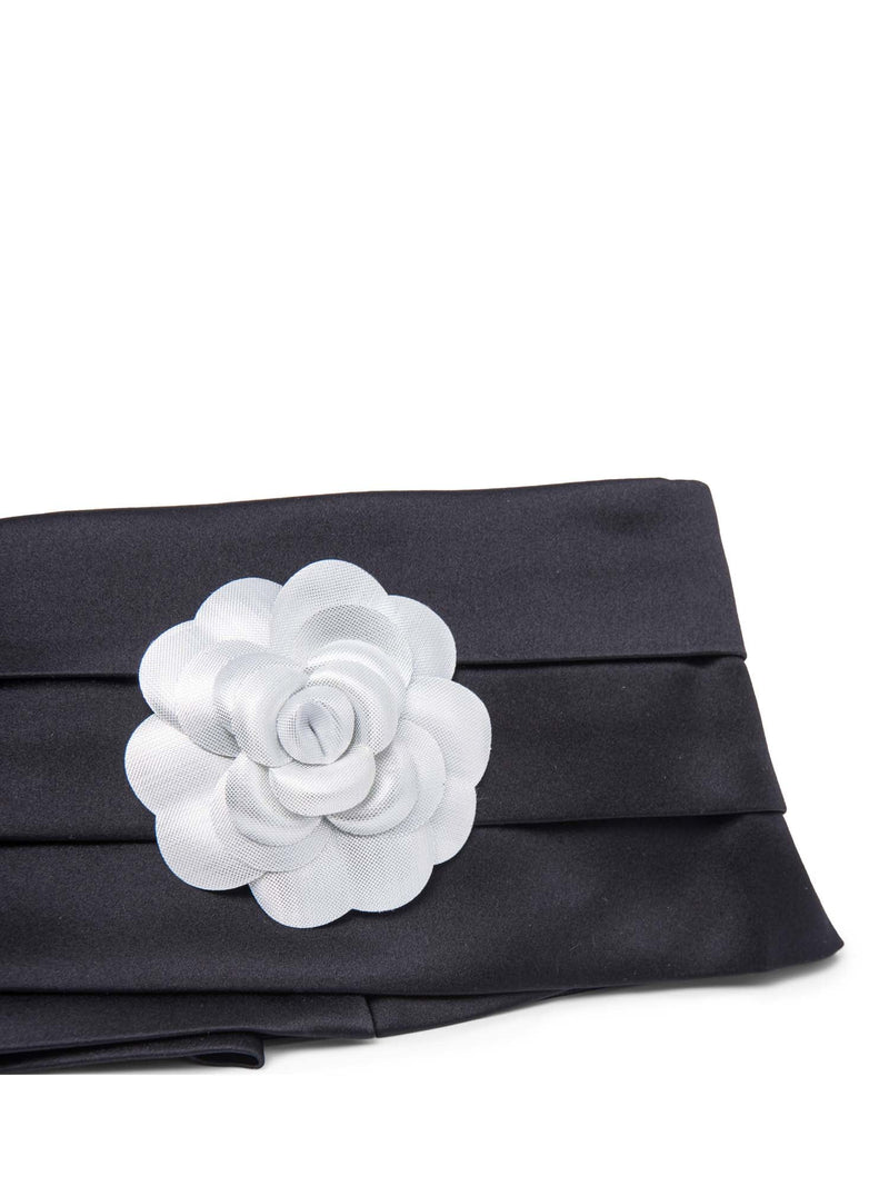 CHANEL Camelia Pleated Satin Silk Belt Black-designer resale