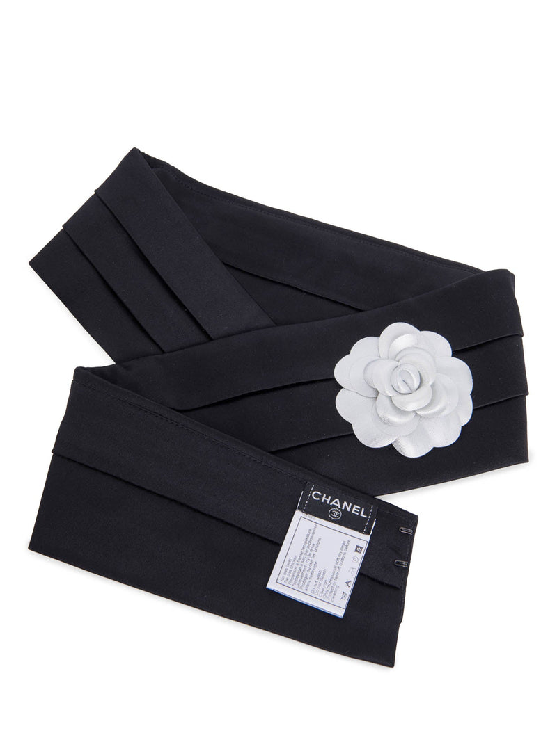 CHANEL Camelia Pleated Satin Silk Belt Black-designer resale