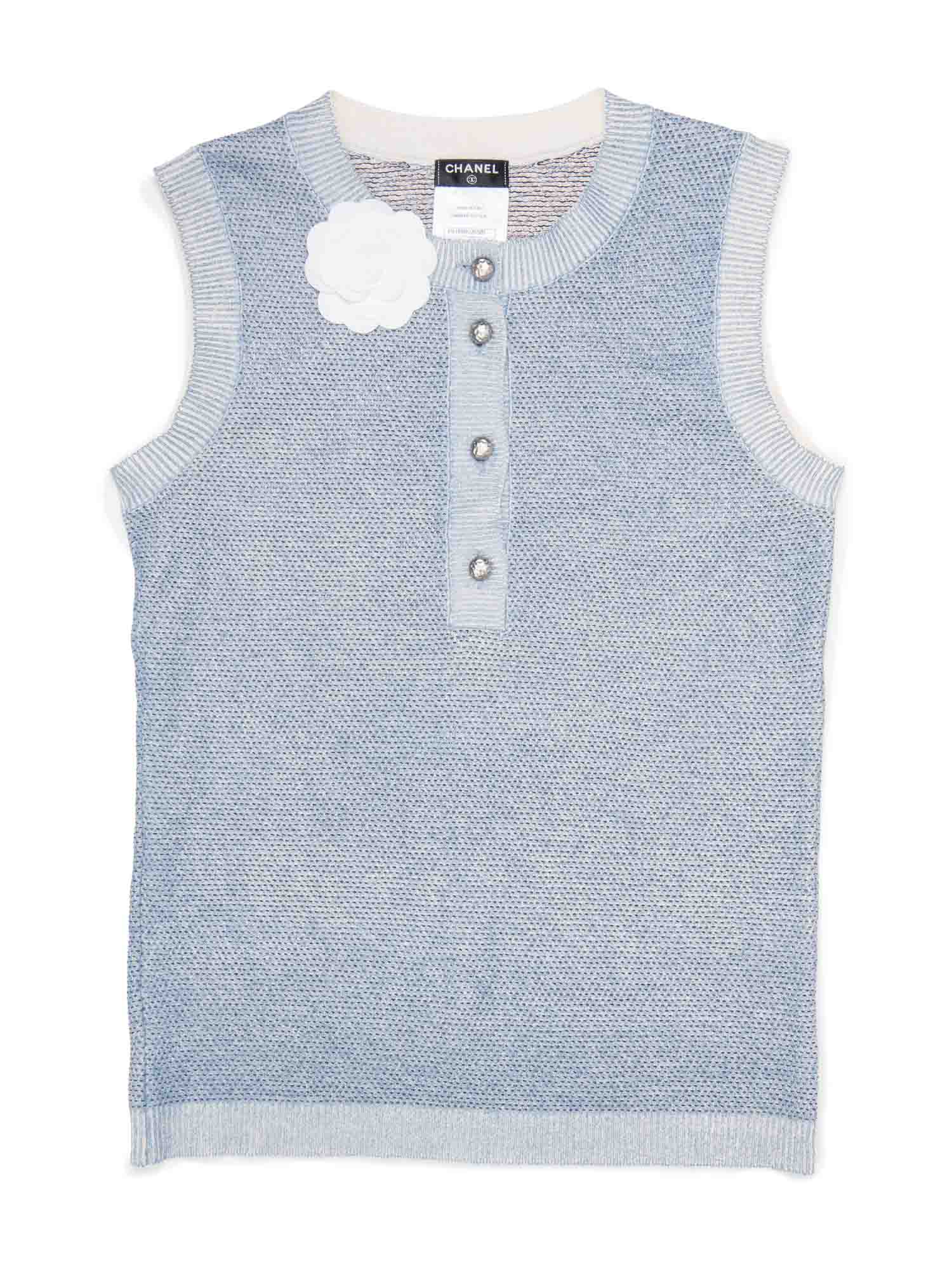 CHANEL Cashmere Knit Camellia Sleeveless Sweater Blue White