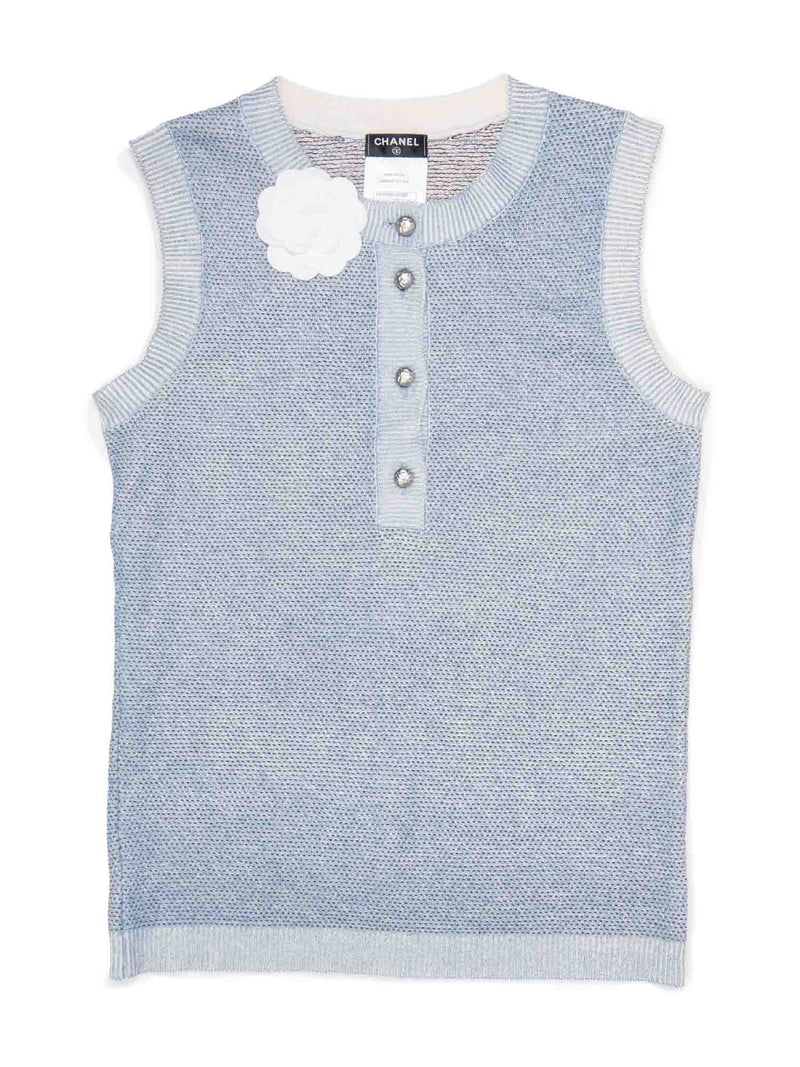 CHANEL Cashmere Knit Camellia Sleeveless Sweater Blue White-designer resale