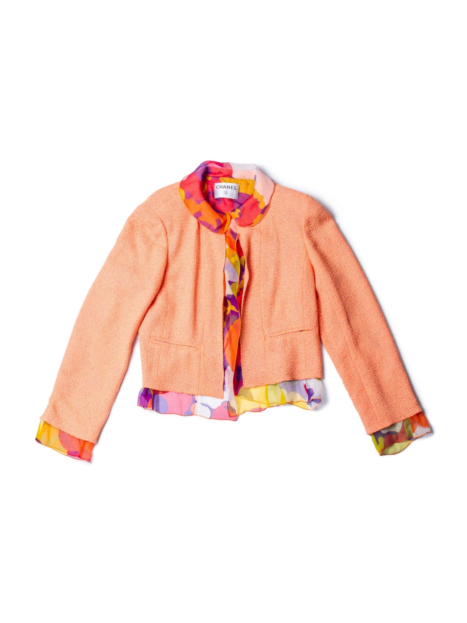 CHANEL Logo Tweed Silk Fringe Cropped Jacket Peach Multicolor