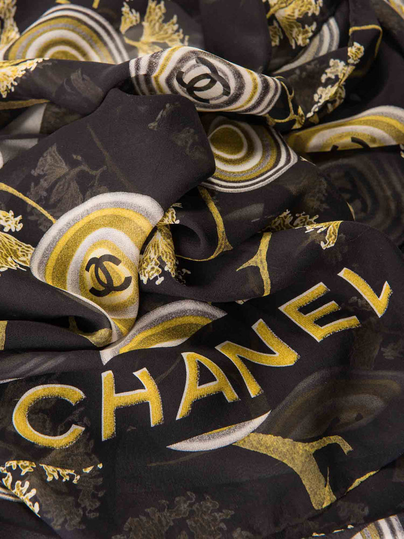 CHANEL Vintage CC Logo Silk Medallion Scarf Black Gold-designer resale
