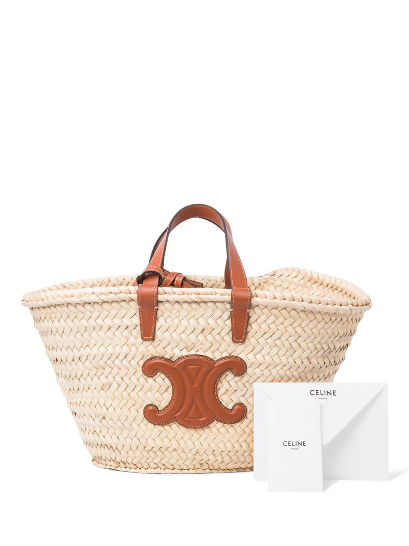 Celine CC Logo Raffia Top Handle Bag Beige Brown-designer resale