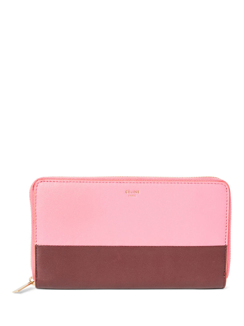 Celine Logo Leather Colorblock Long Wallet Pink Burgundy