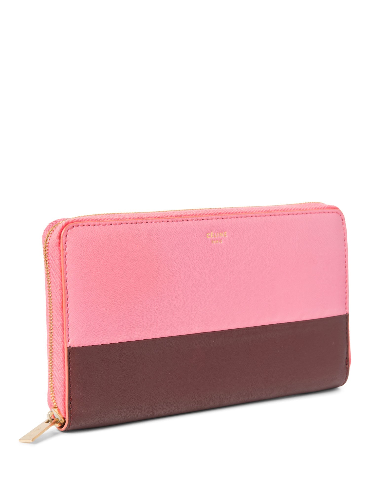 Celine Logo Leather Colorblock Long Wallet Pink Burgundy-designer resale