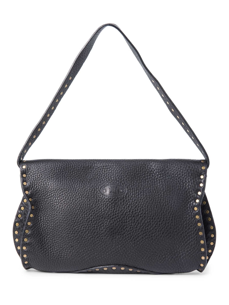 Celine Vintage Logo Leather Western Studded Shoulder Bag Black-designer resale