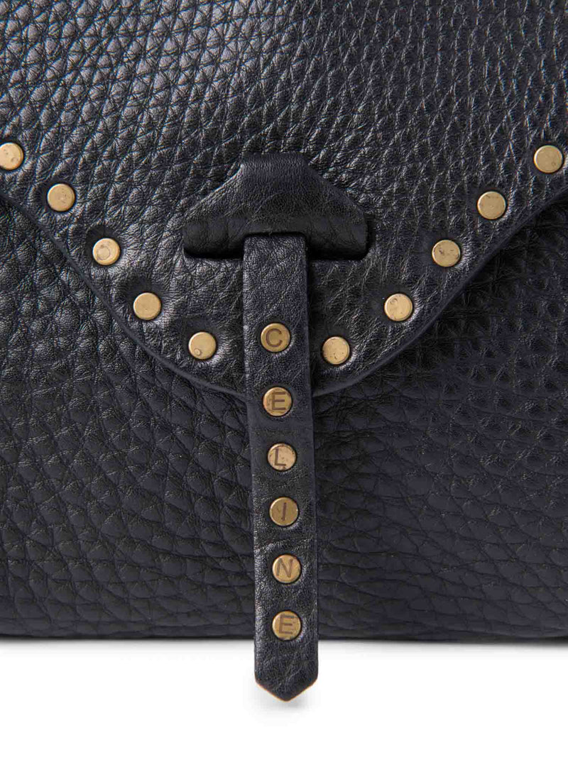 Celine Vintage Logo Leather Western Studded Shoulder Bag Black-designer resale