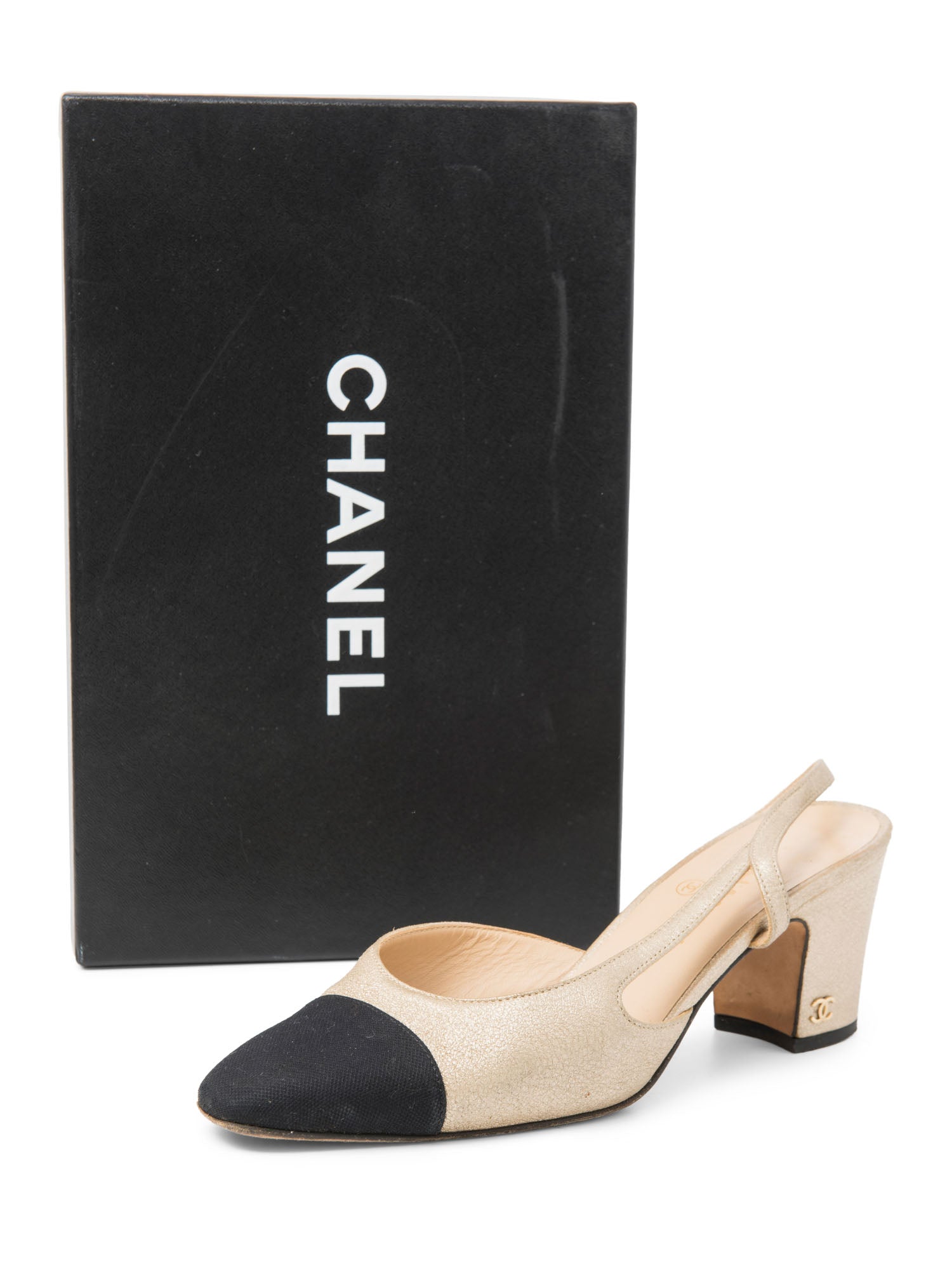 Chanel CC Logo Cap Toe Slingback Heels Gold Black-designer resale