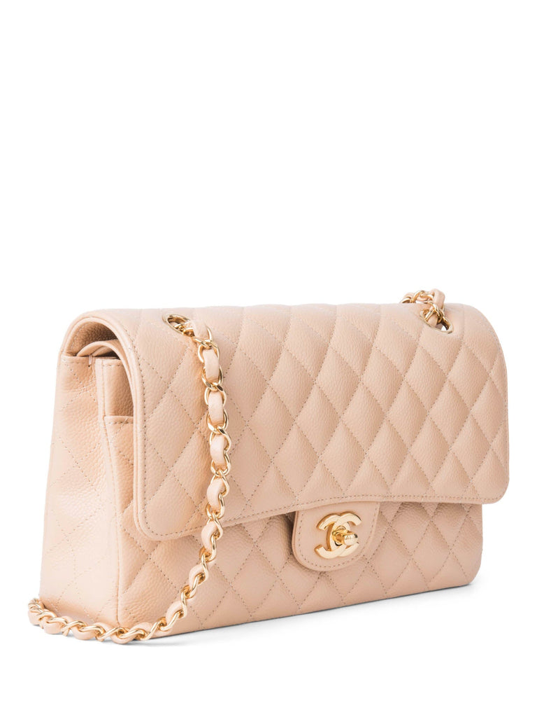 Chanel CC Logo Caviar Leather Double Flap Bag Beige Gold-designer resale