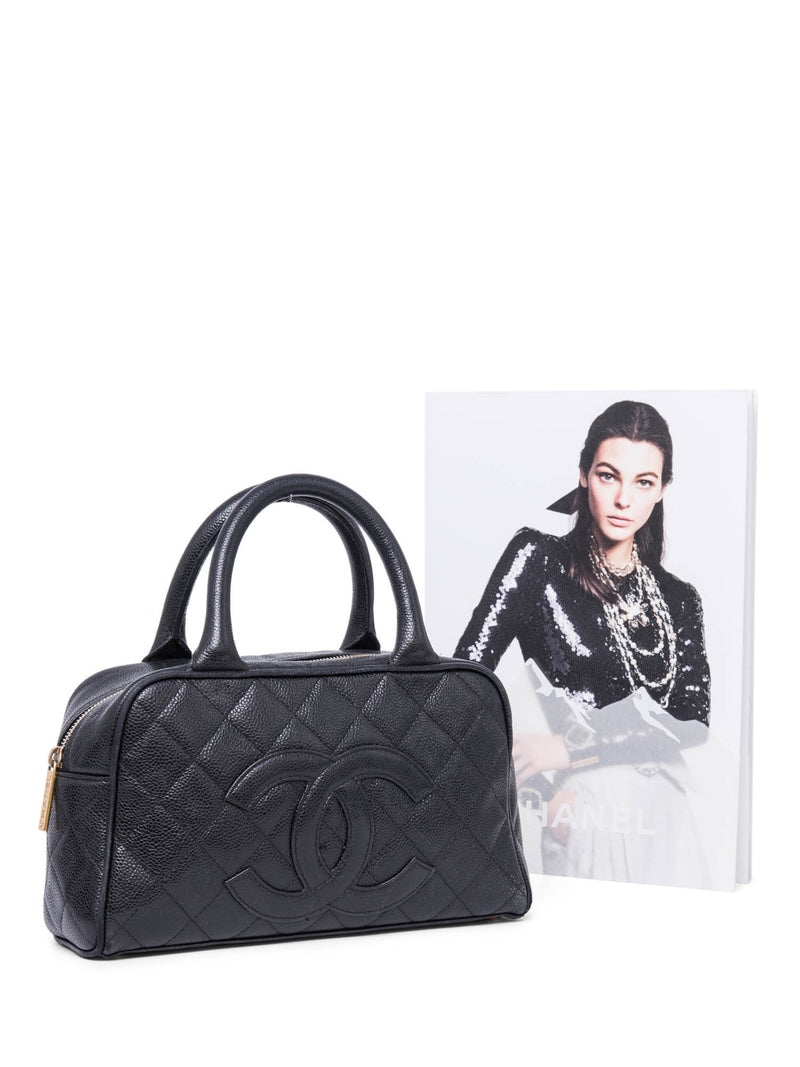 Chanel CC Logo Caviar Leather Mini Boston Bag Black-designer resale