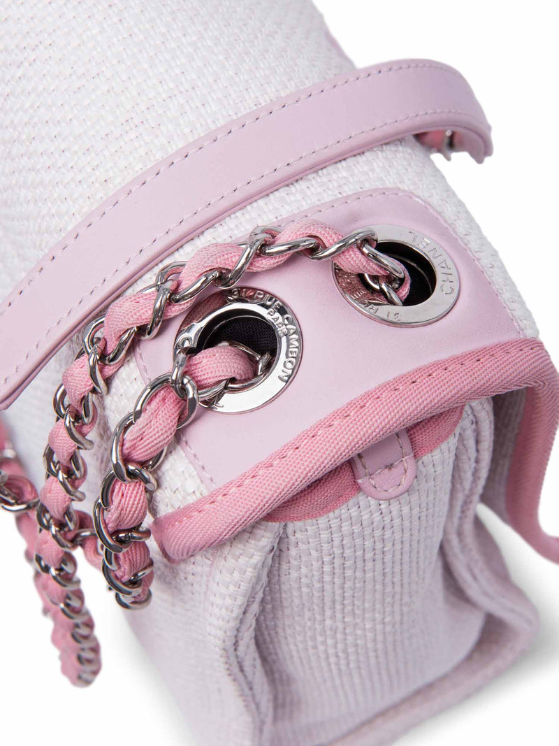 Chanel CC Logo Raffia Messenger Flap Bag Pink Ivory-designer resale