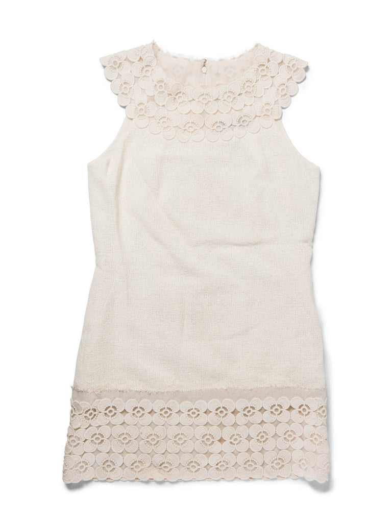 Chanel CC Logo Tweed Camellia Beaded Fringe Mini Dress Ivory-designer resale