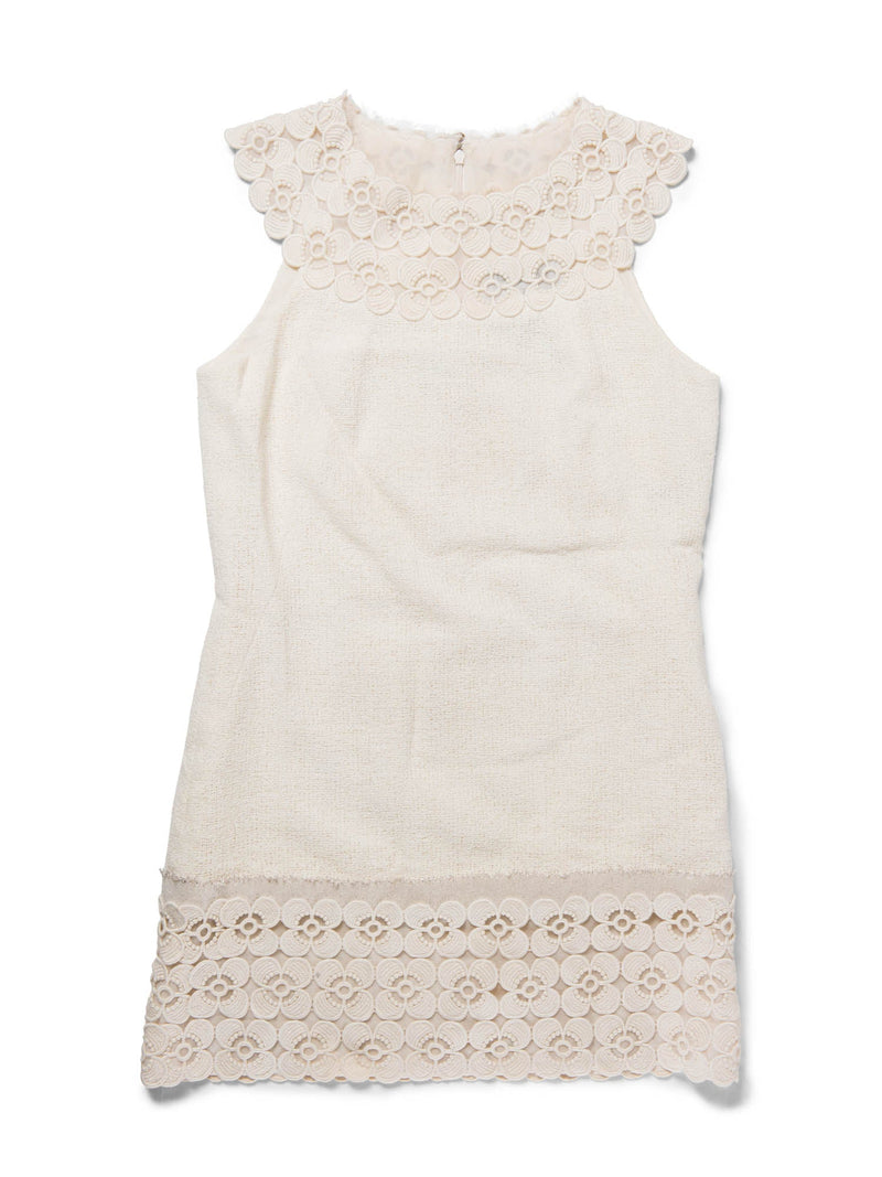 Chanel CC Logo Tweed Camellia Beaded Fringe Mini Dress Ivory