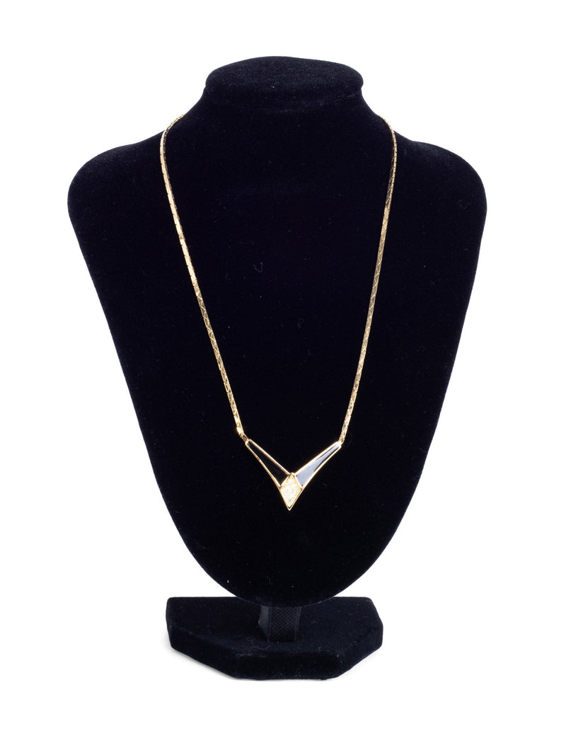 Christian Dior Logo Crystal Large Chevron Pendant Necklace Gold Black-designer resale