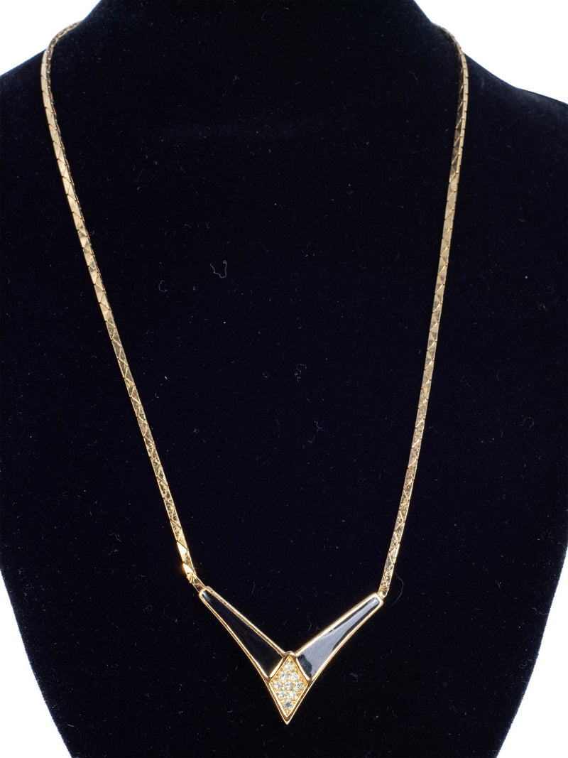 Christian Dior Logo Crystal Large Chevron Pendant Necklace Gold Black-designer resale