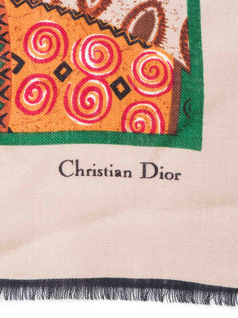 Christian Dior Logo Wool Abstract Pattern Fringe Scarf Multicolor-designer resale