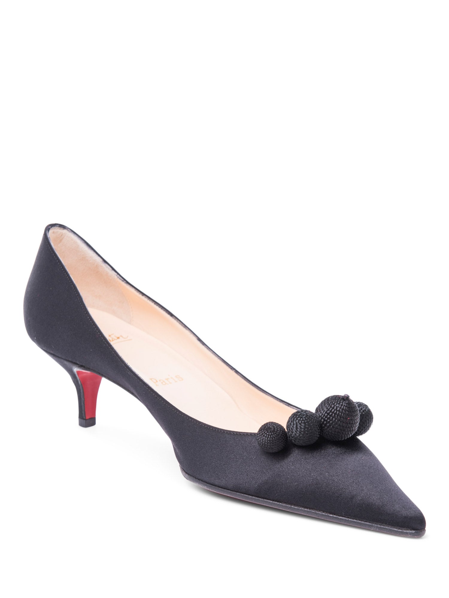 Christian Louboutin Silk Embellished Kitten Heel Shoes Black