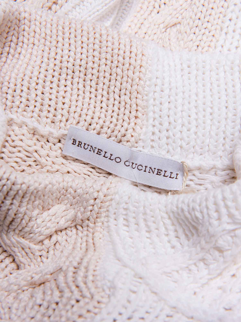 Brunello Cucinelli Silk Cable Hand Knit Striped Sweater Ivory White