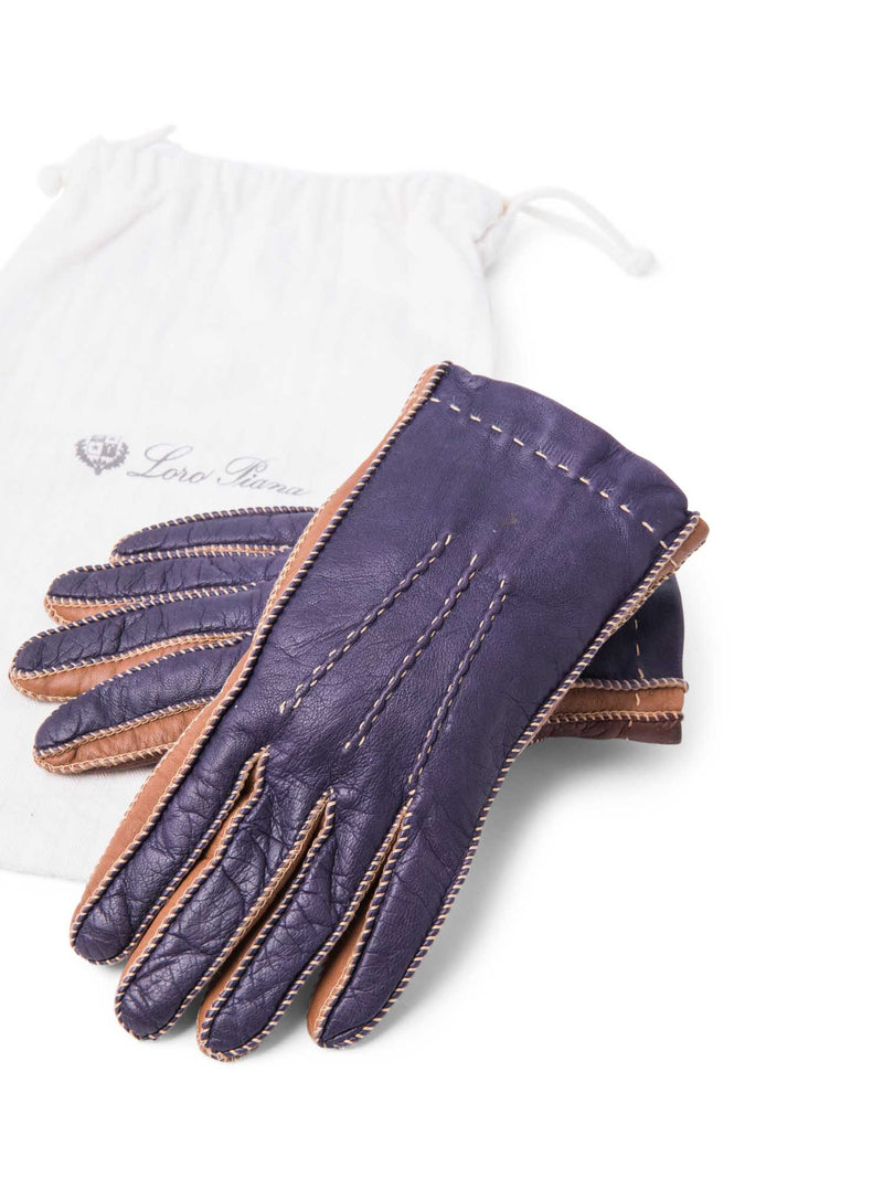 Loro Piana Leather Cashmere Two Tone Gloves Purple Brown