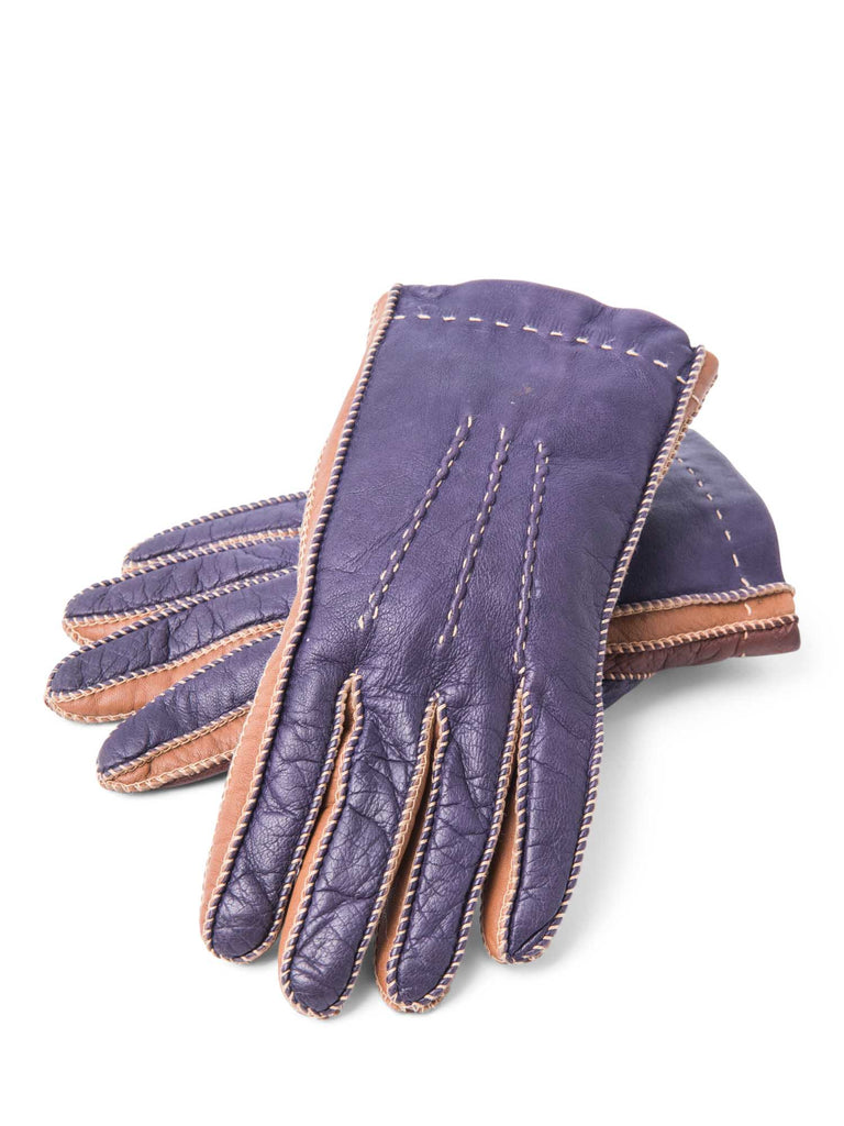 Loro Piana Leather Cashmere Two Tone Gloves Purple Brown