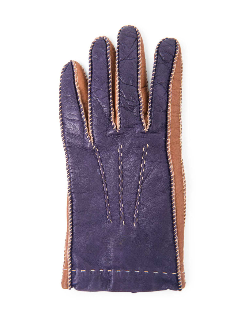 Loro Piana Leather Cashmere Two Tone Gloves Purple Brown