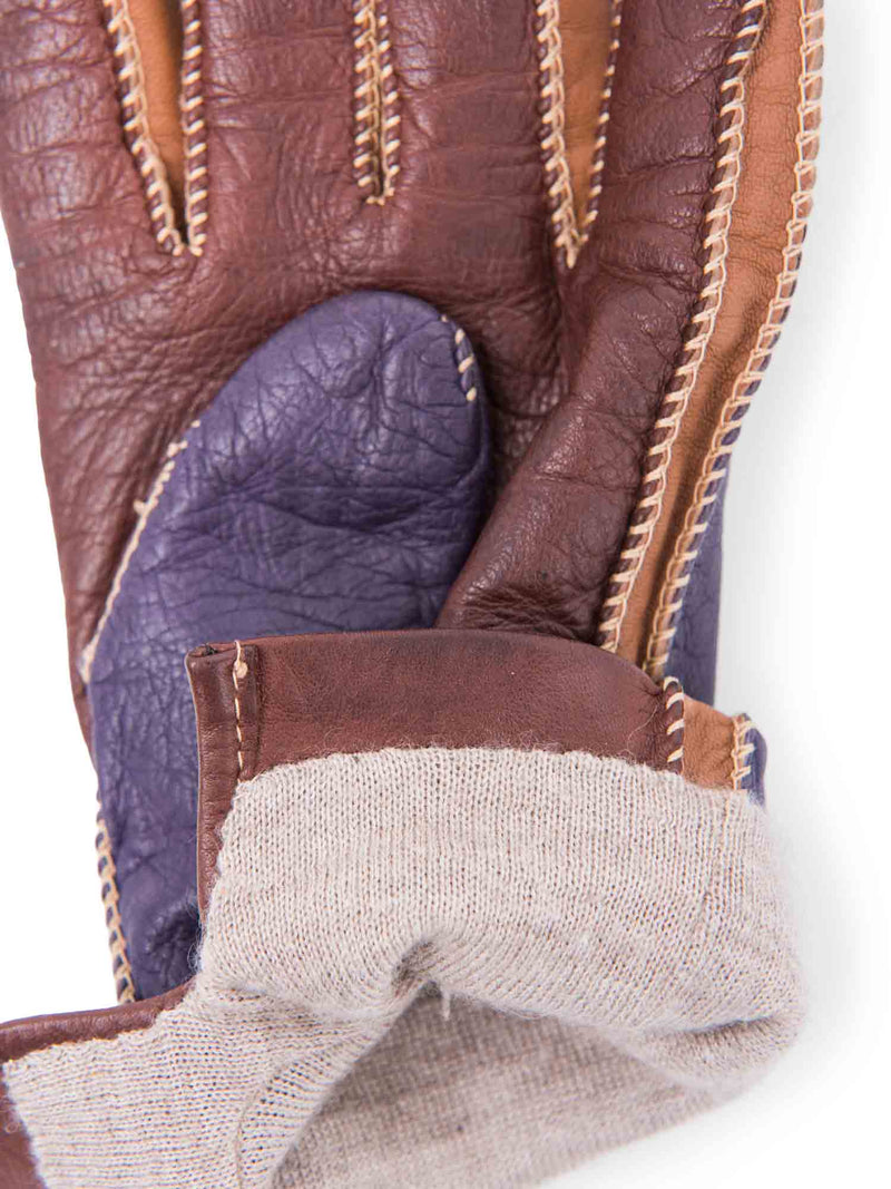 Loro Piana Leather Cashmere Two Tone Gloves Purple Brown