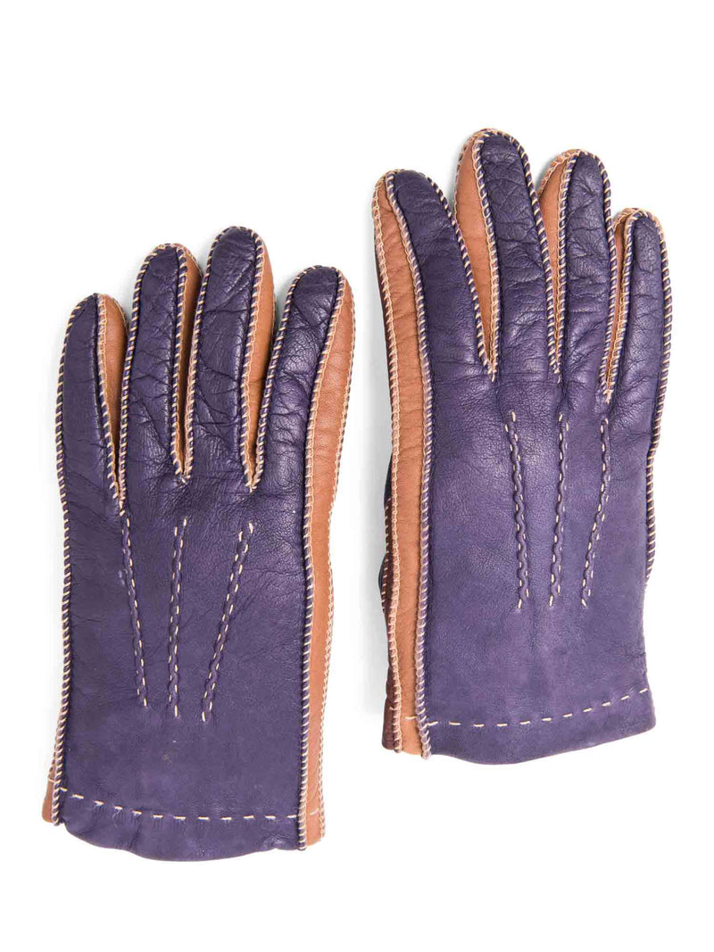 Loro Piana Leather Cashmere Two Tone Gloves Purple Brown