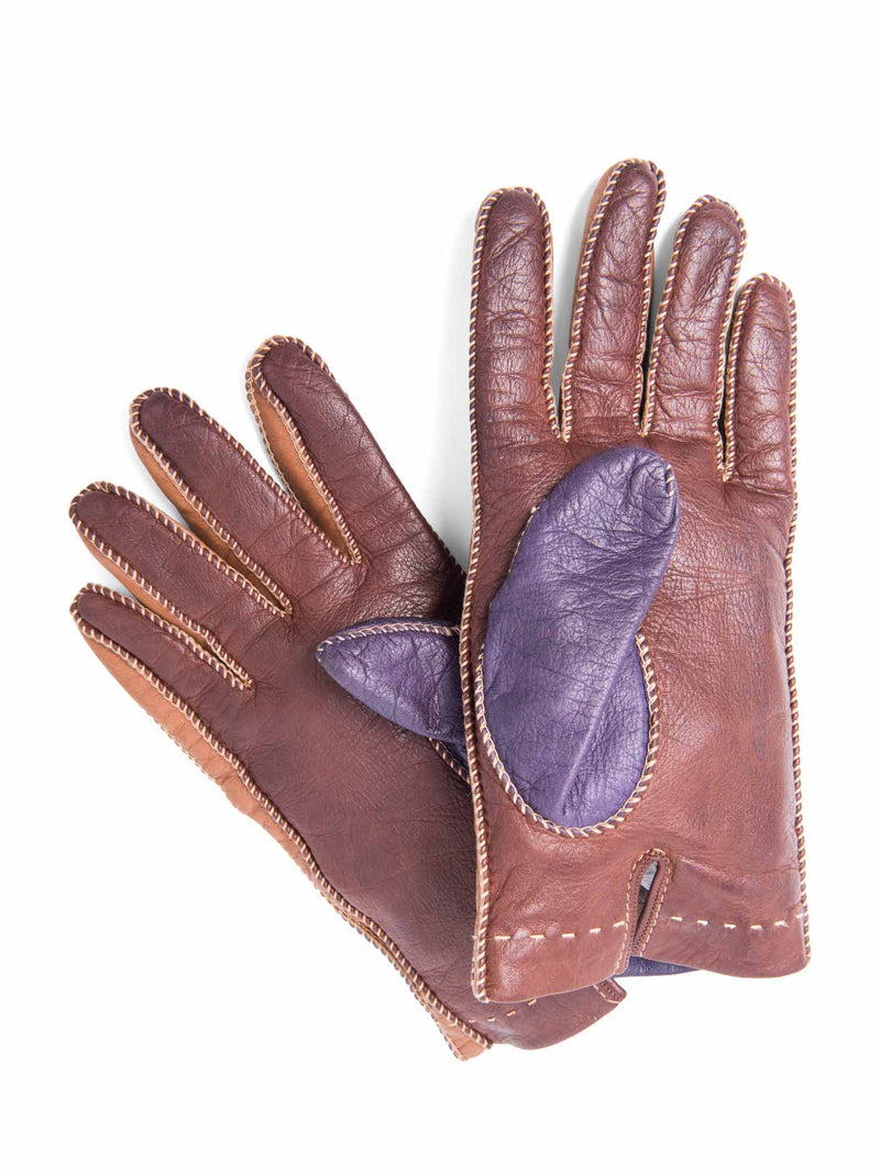 Loro Piana Leather Cashmere Two Tone Gloves Purple Brown