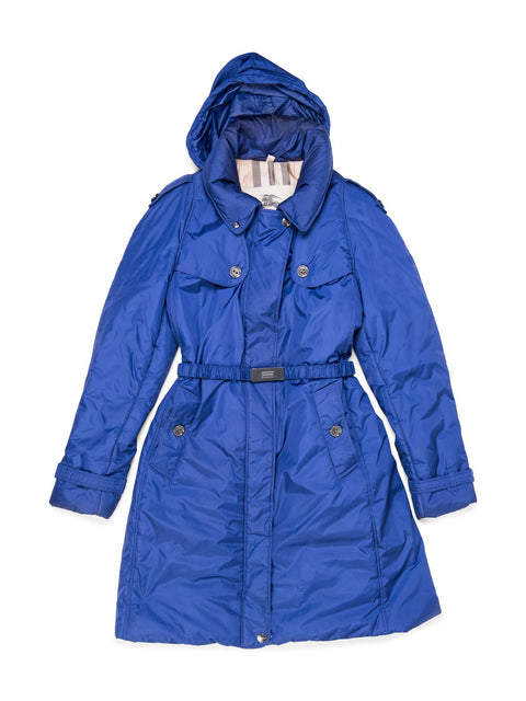 Burberry Logo Belted Hooded Puffer Coat Blue