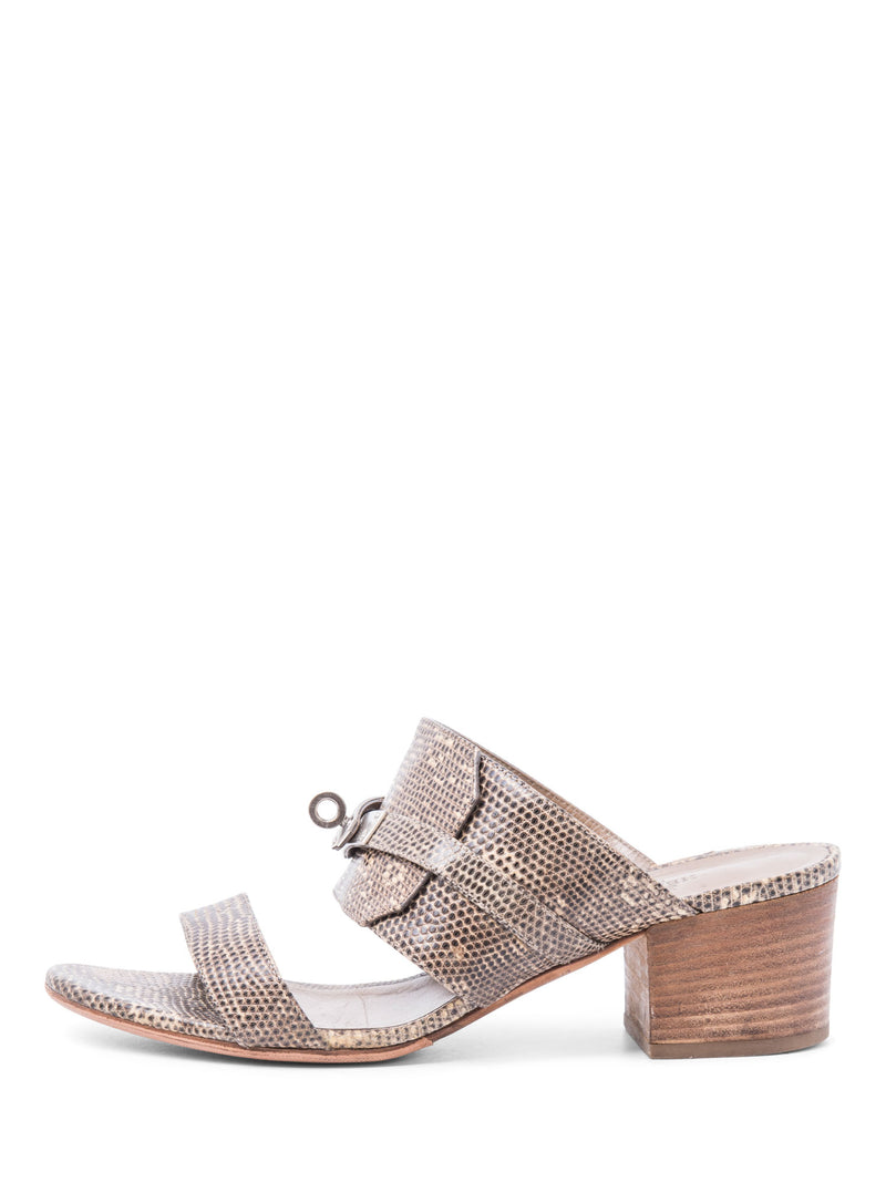 Hermes Lizard Ovation Kelly Block Heel Sandals Taupe Silver