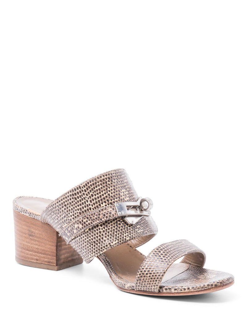 Hermes Lizard Ovation Kelly Block Heel Sandals Taupe Silver