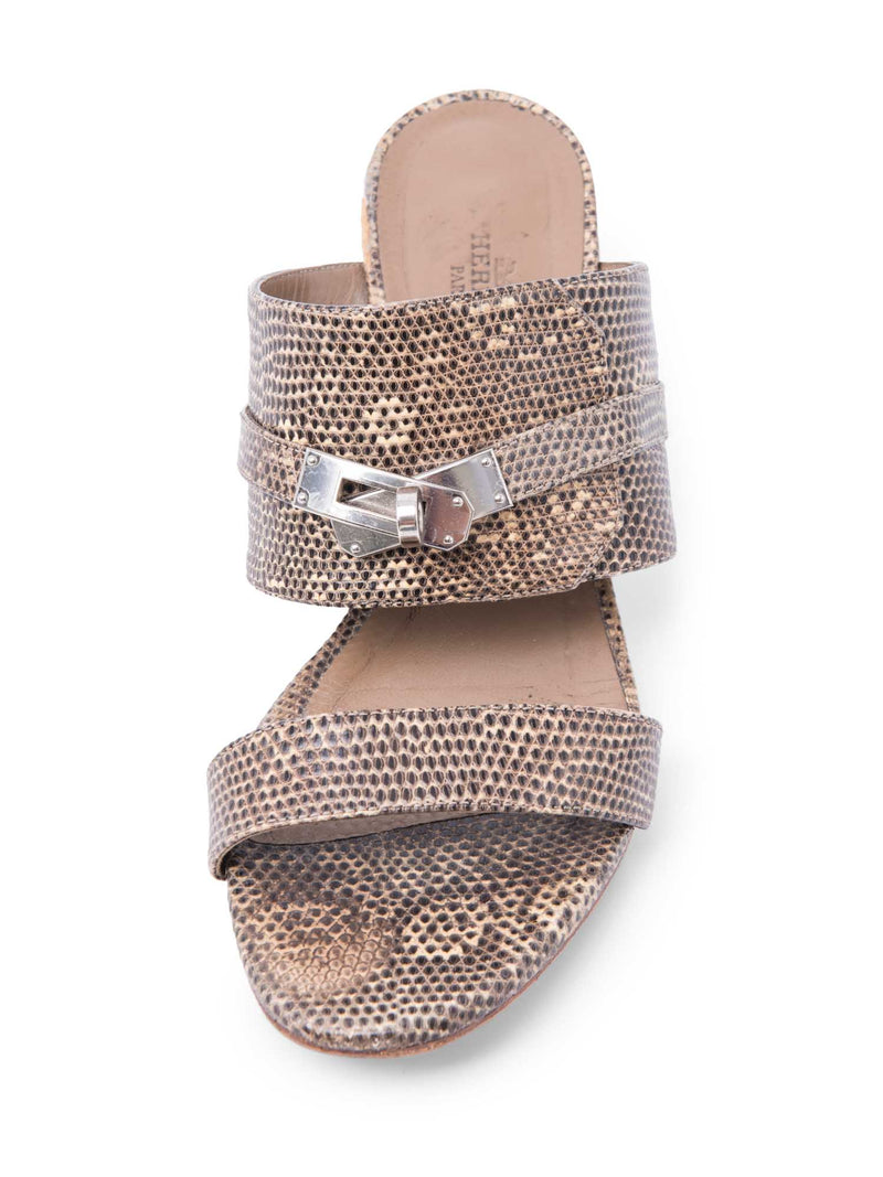 Hermes Lizard Ovation Kelly Block Heel Sandals Taupe Silver