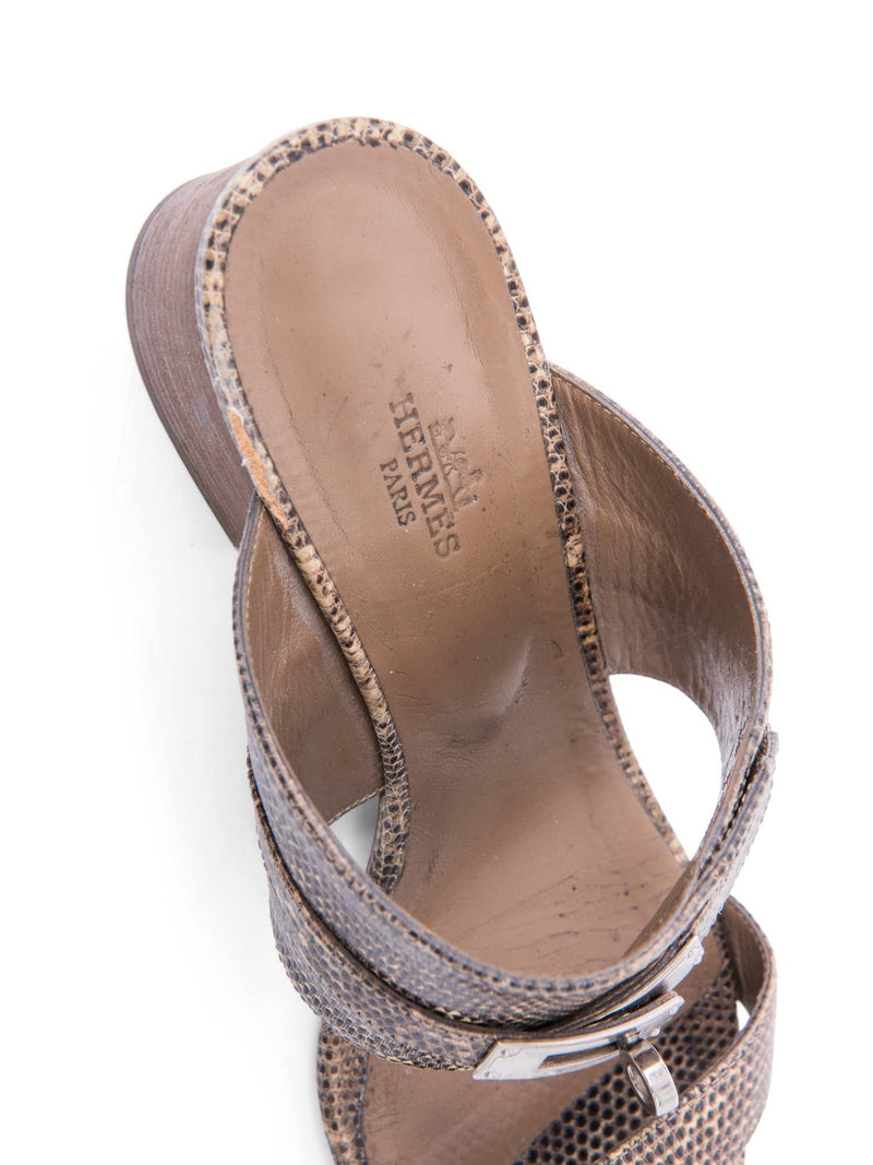 Hermes Lizard Ovation Kelly Block Heel Sandals Taupe Silver