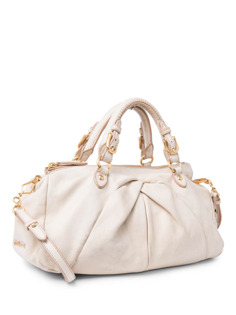 Miu Miu Logo Nappa Leather Soft Tote Messenger Bag Ivory