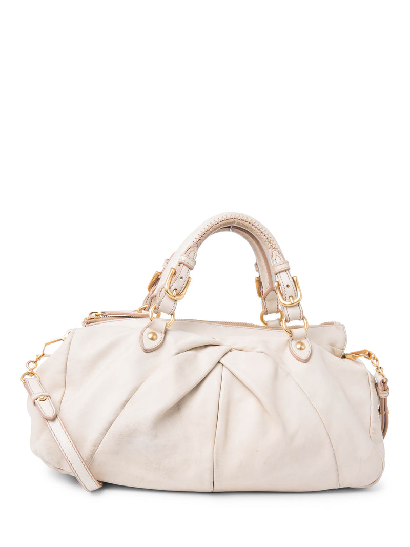 Miu Miu Logo Nappa Leather Soft Tote Messenger Bag Ivory