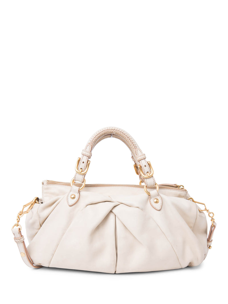 Miu Miu Logo Nappa Leather Soft Tote Messenger Bag Ivory