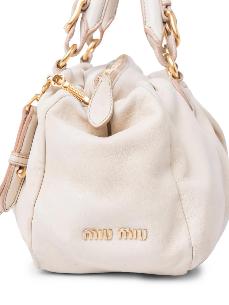 Miu Miu Logo Nappa Leather Soft Tote Messenger Bag Ivory