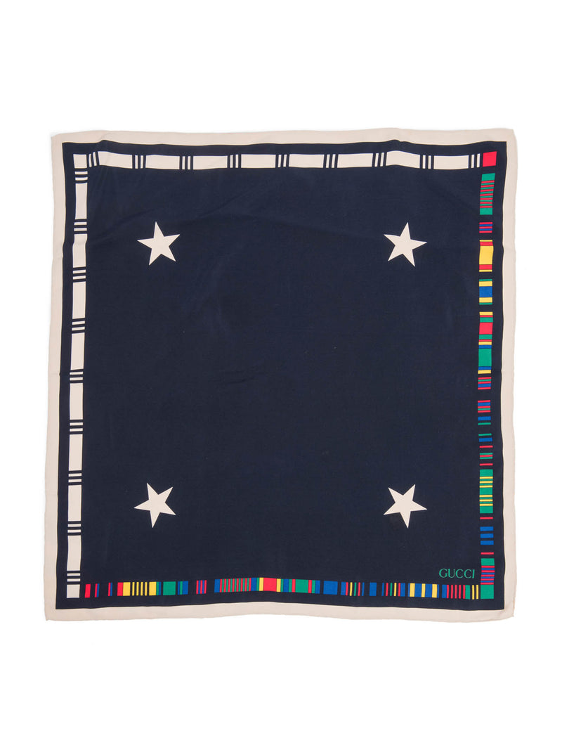 Gucci Logo Silk Flag Star Scarf Navy Blue