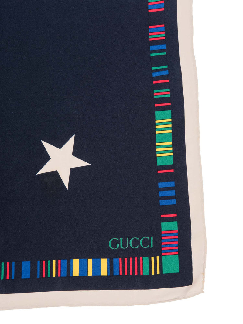 Gucci Logo Silk Flag Star Scarf Navy Blue