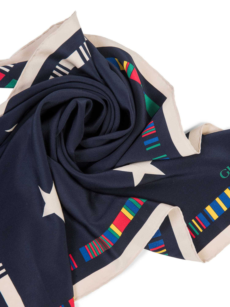 Gucci Logo Silk Flag Star Scarf Navy Blue