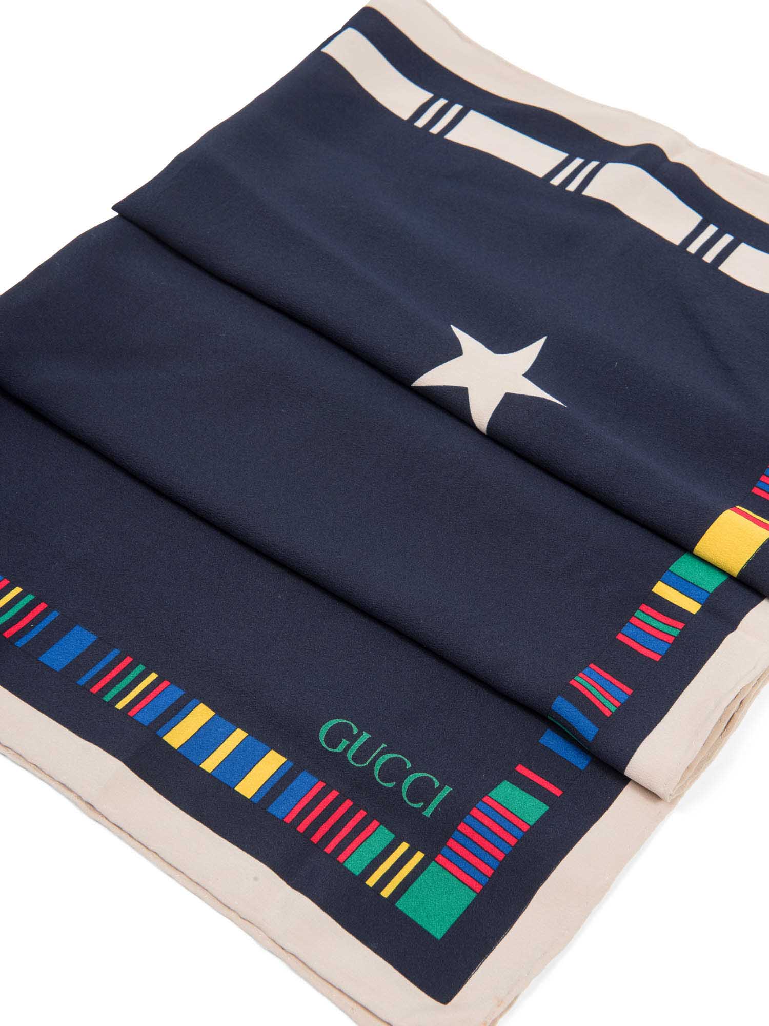 Gucci Logo Silk Flag Star Scarf Navy Blue