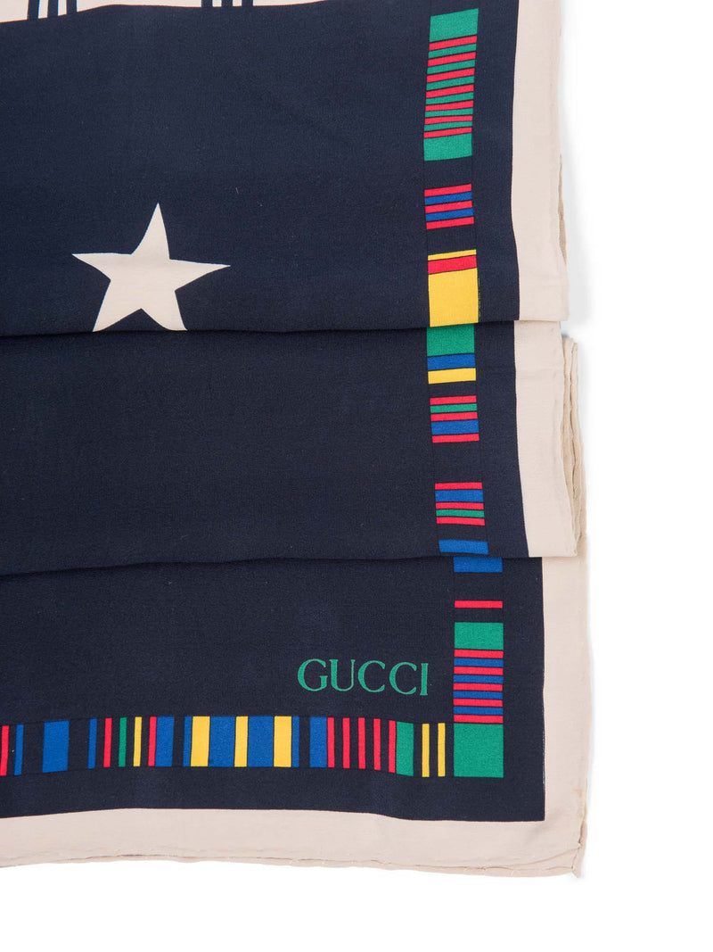 Gucci Logo Silk Flag Star Scarf Navy Blue