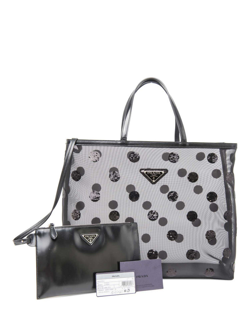 Prada Logo Mesh Polka Dot Sequin Tote Bag Black